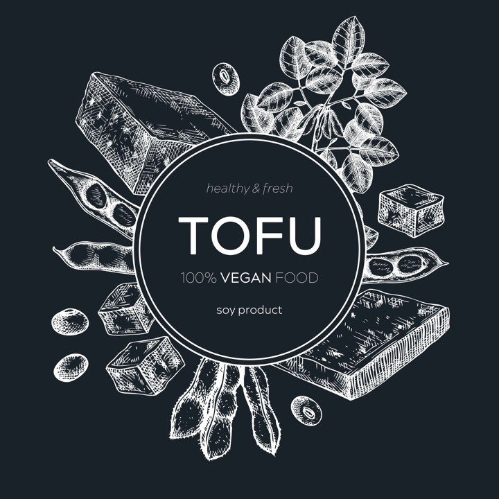 Tofu wreath design on chalkboard. Sketched vegan vector food background. Traditional Asian food ingredients. Tofu frame for packaging, menu, recipe, and product design